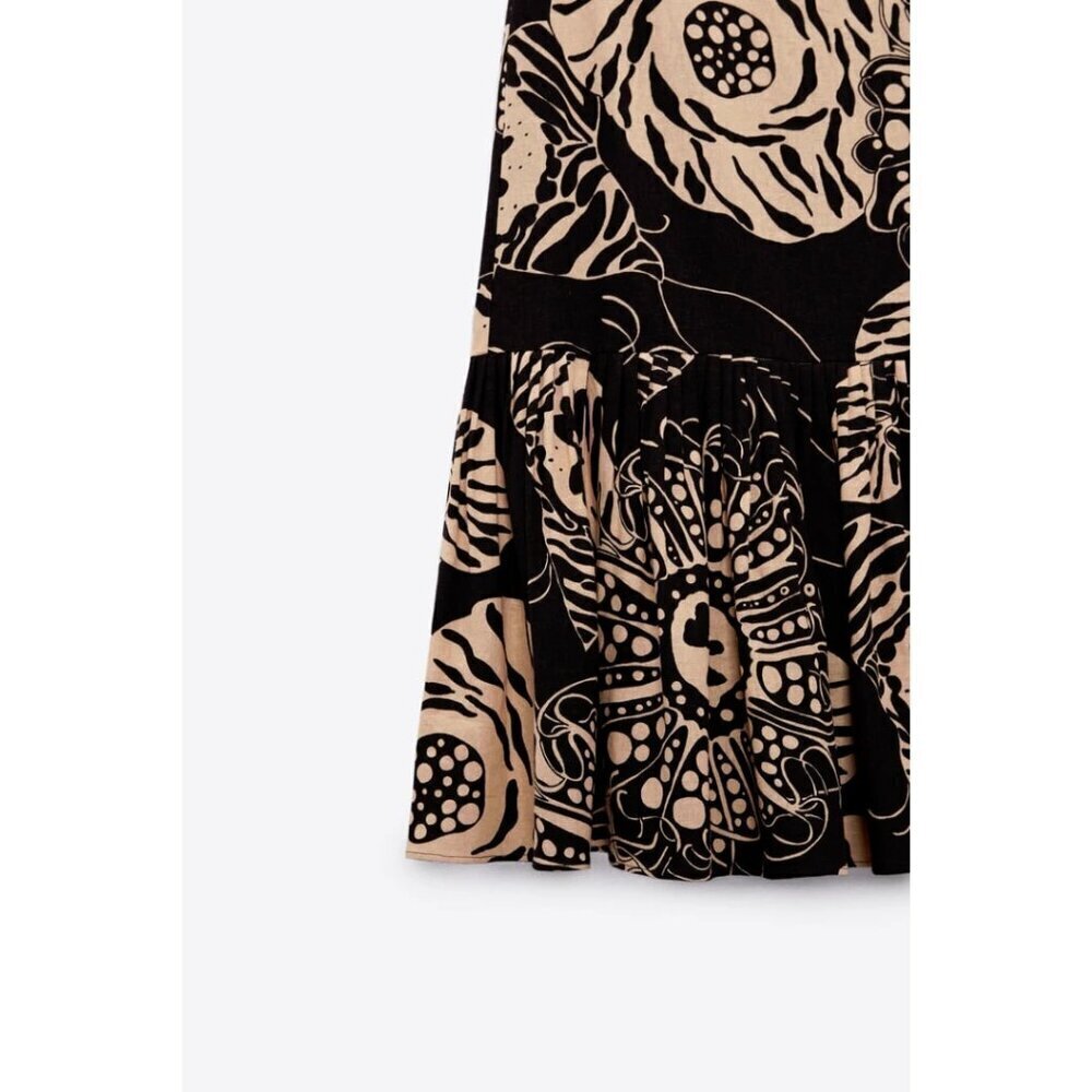 NWOT Zara linen blend botanical print brown & butter tan high waist skirt, XS - Picture 8 of 12